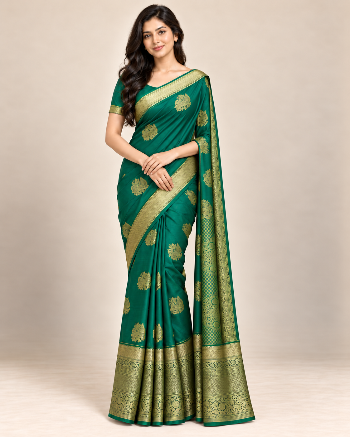 Front view of a green silk saree with small gold peacock and paisley motifs and a broad gold border.