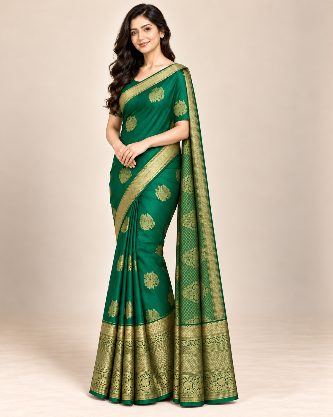 Three-quarter studio view of the green silk saree with peacock and paisley motifs.