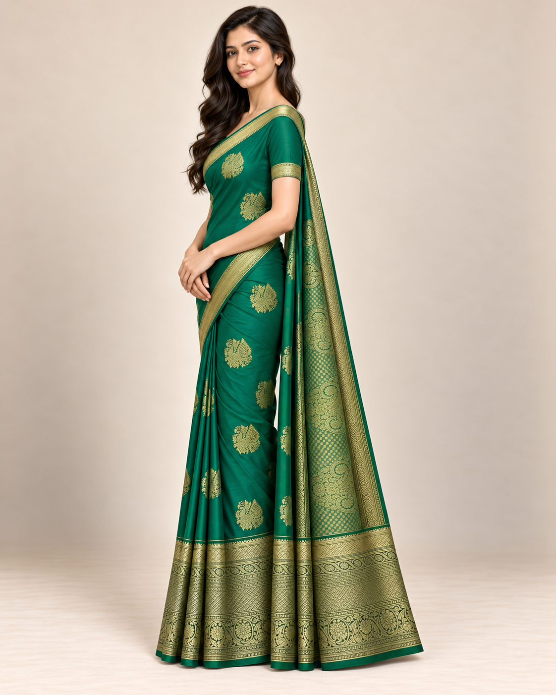 Side view showing the drape of the green silk saree and patterned gold pallu.