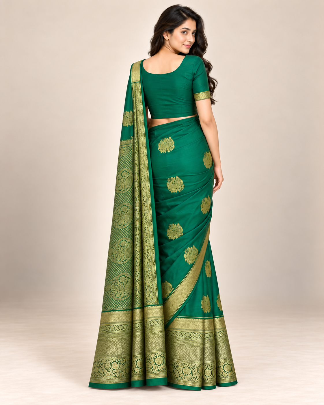 Rear studio view of the green silk saree and its gold patterned pallu.