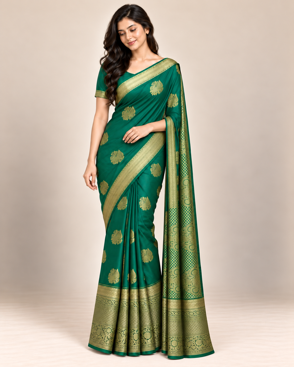 Green silk saree with gold peacock and paisley motifs in a relaxed standing pose.