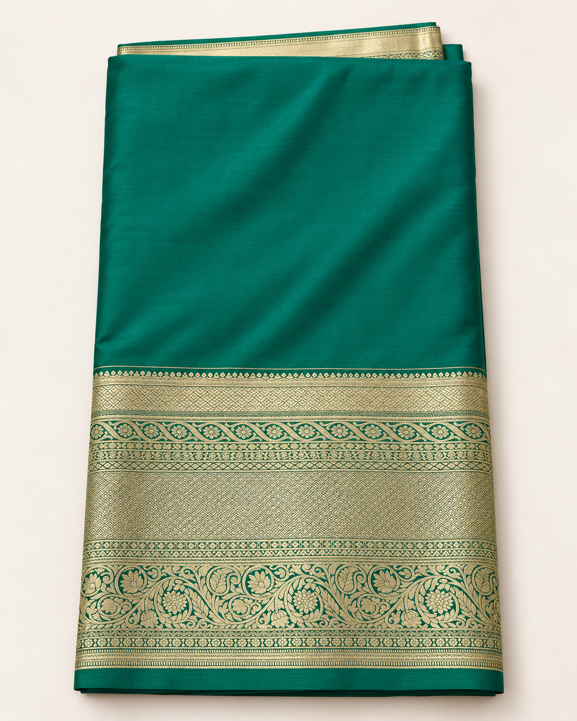 Included unstitched green blouse fabric with gold woven borders, neatly folded.
