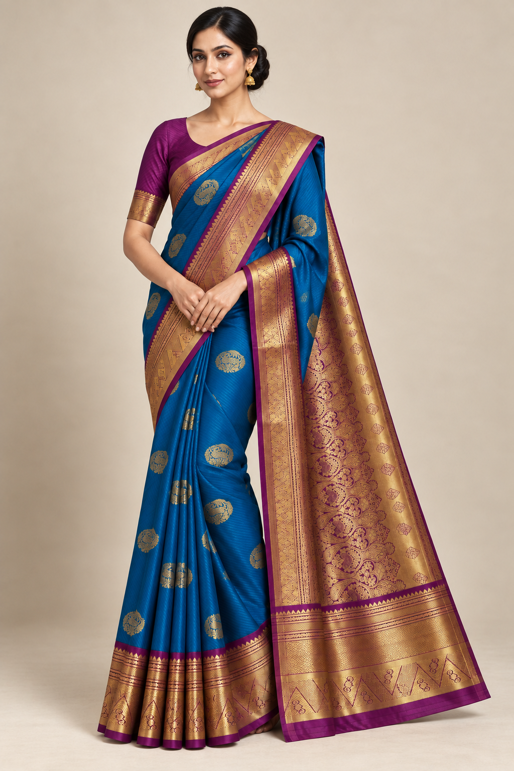 Blue and purple gold-border saree — front