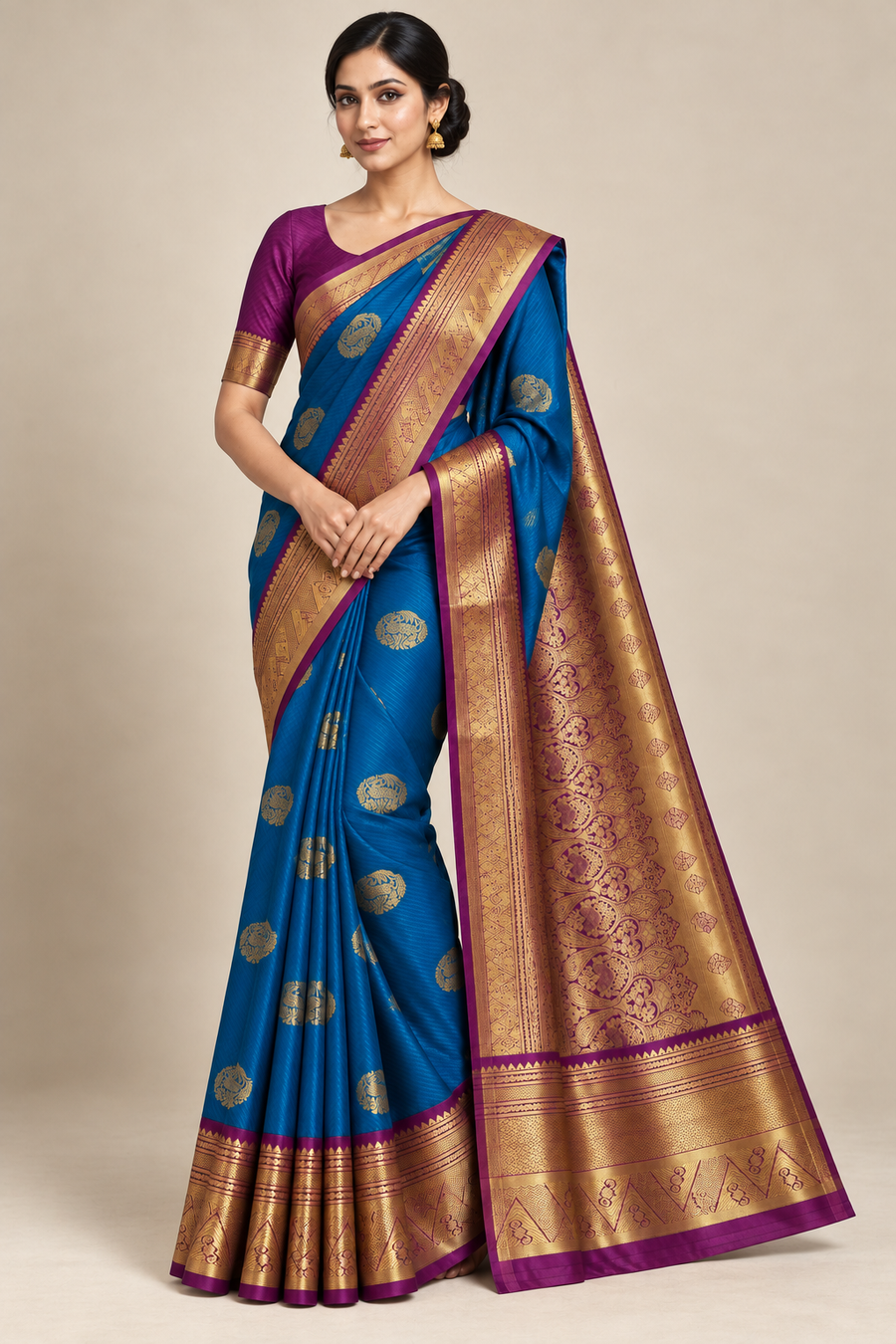 Blue and purple gold-border saree — front