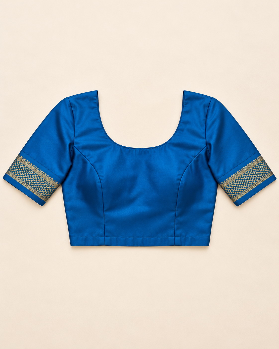 Blue stitched example blouse with gold-trimmed sleeves