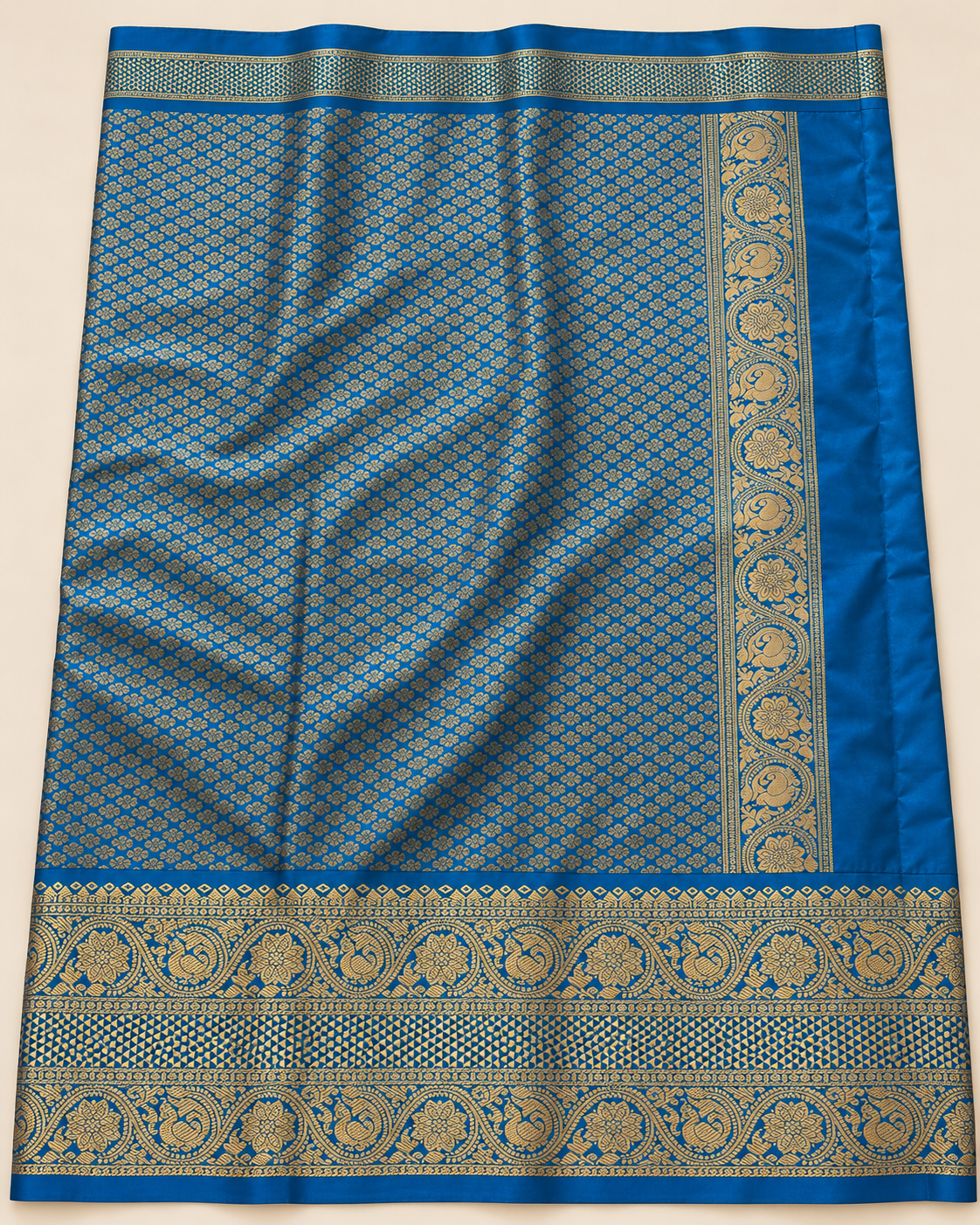 Blue and gold patterned saree pallu