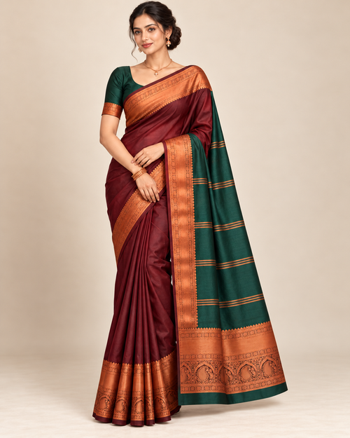 Front view of brown-maroon silk saree with copper peacock border and green blouse