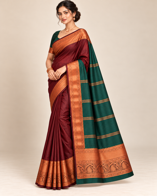 Three-quarter view of brown-maroon silk saree with green striped pallu