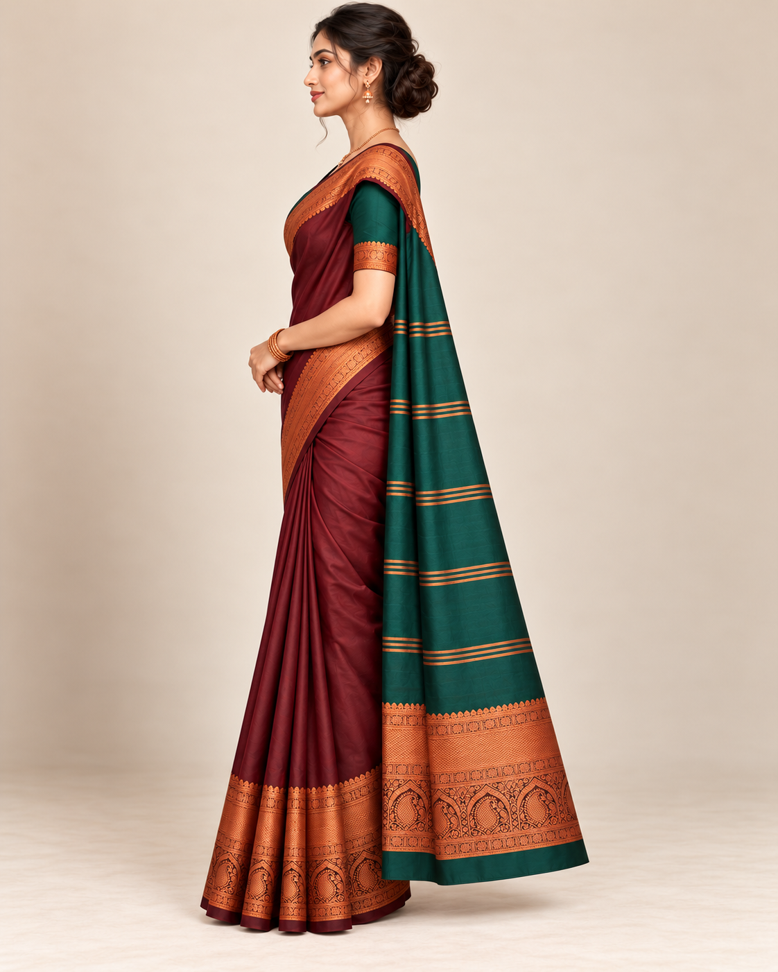 Side view of brown-maroon silk saree and copper-bordered green pallu