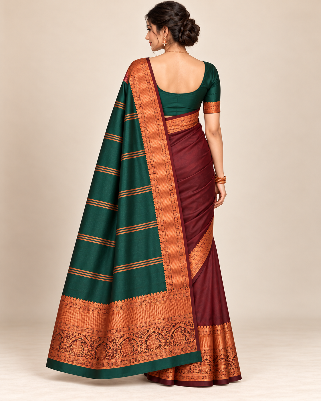 Back view showing petrol-green striped pallu and copper peacock border