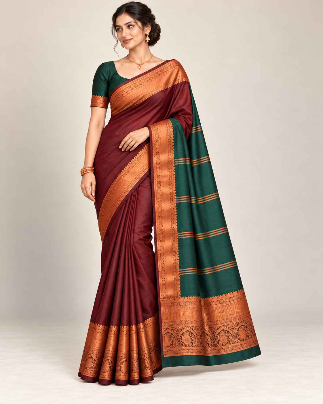 Relaxed front pose showing brown-maroon silk pleats and copper border