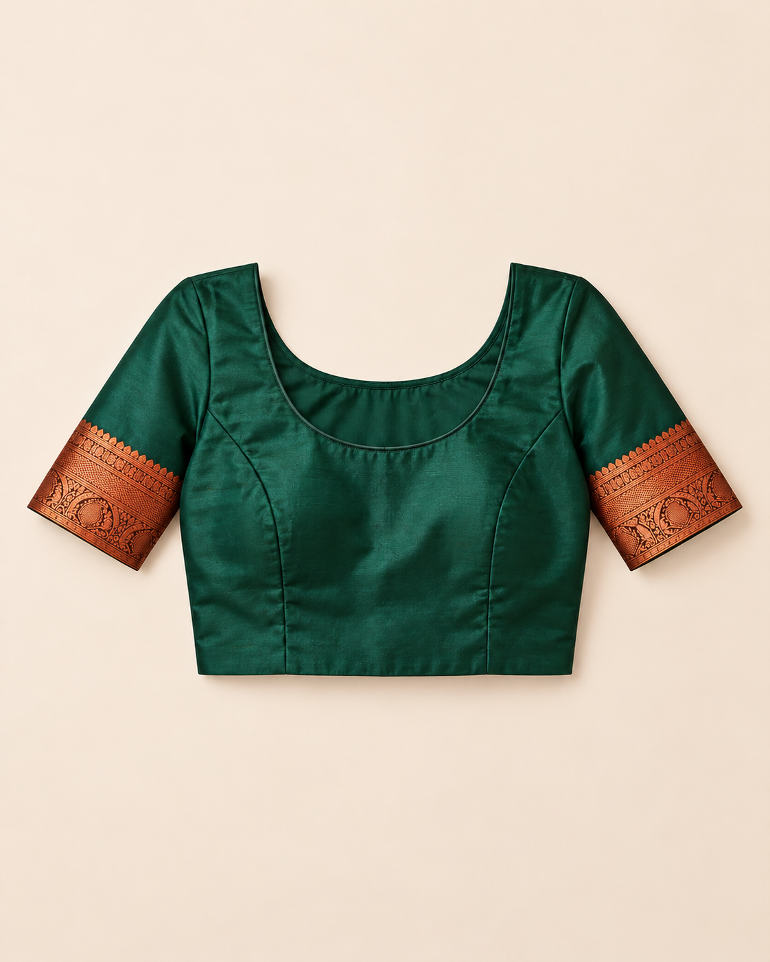 Petrol-green stitched example blouse with copper sleeve borders