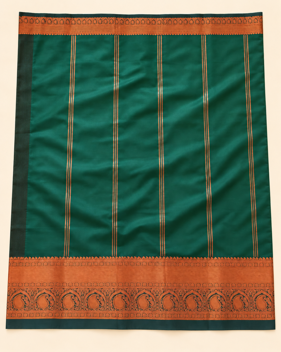 Full petrol-green pallu with copper stripe groups and peacock border