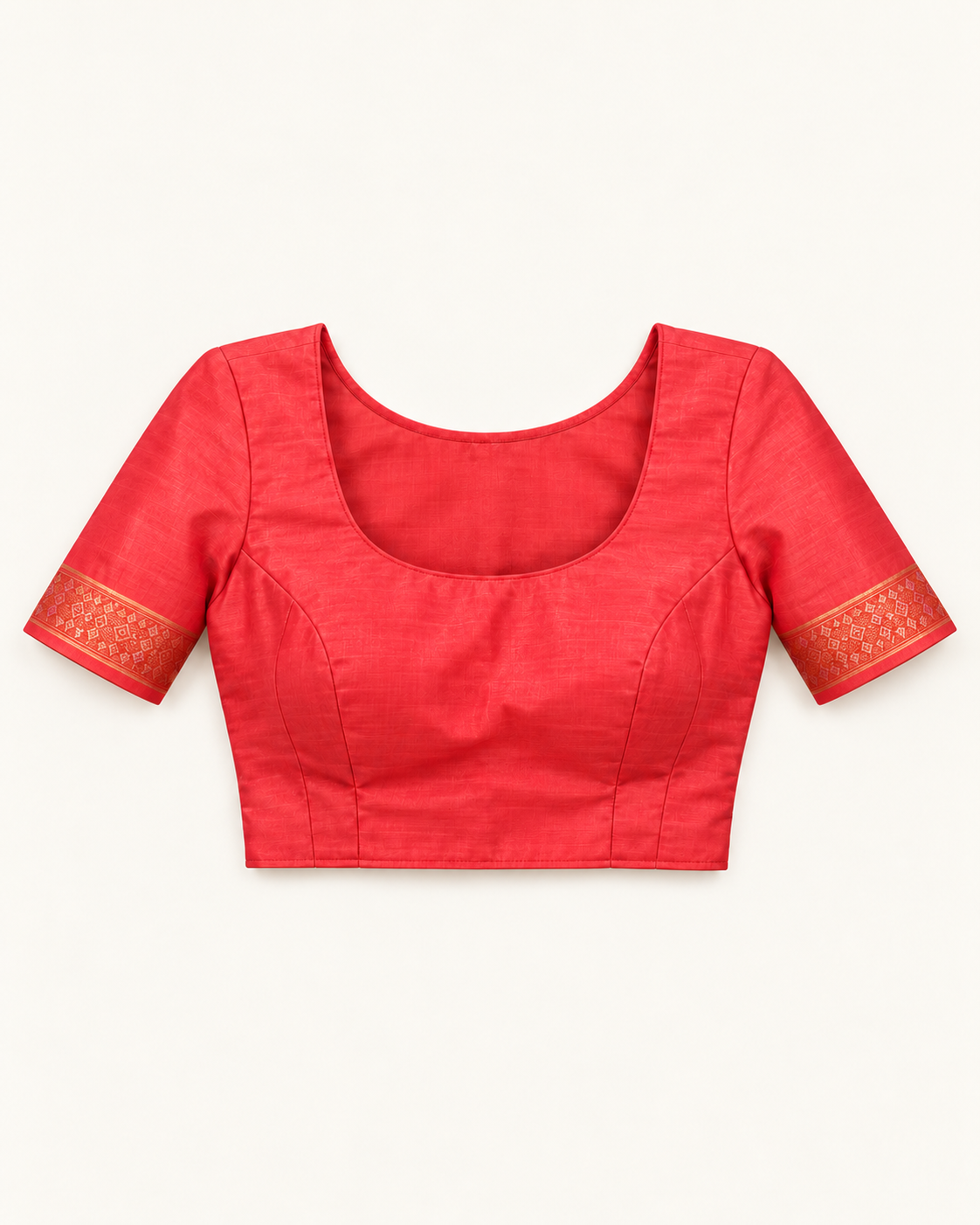 Coral stitched example blouse with copper geometric cuffs