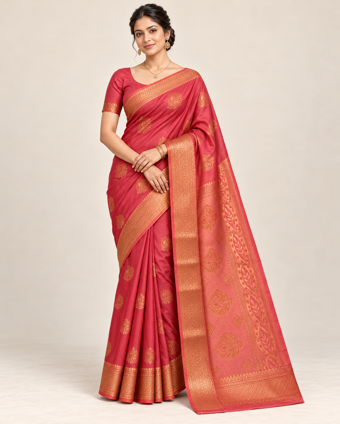 Front view of coral rose silk saree with copper leaf motifs