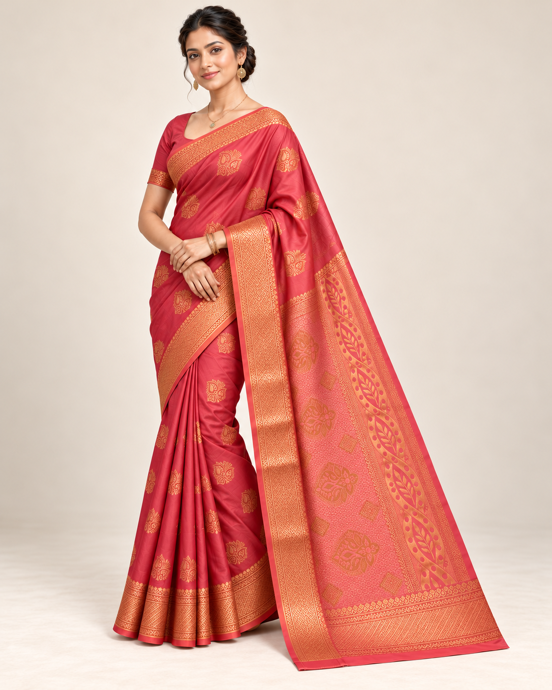 Three-quarter view of coral rose silk saree