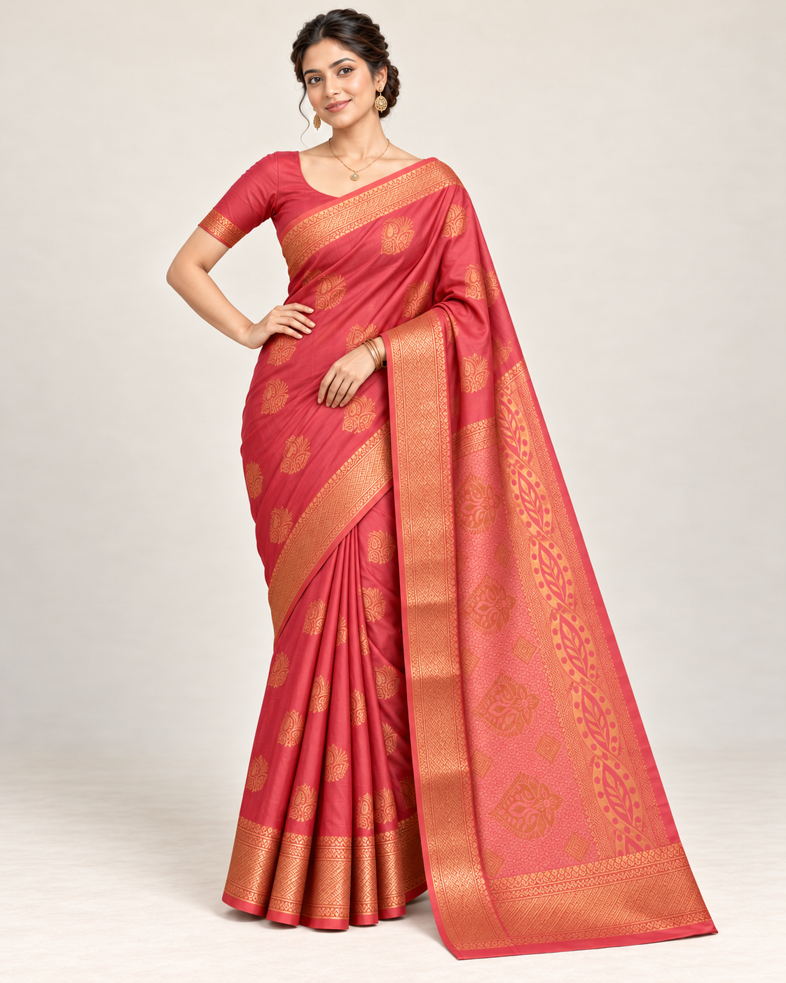Coral rose silk saree in a relaxed studio pose