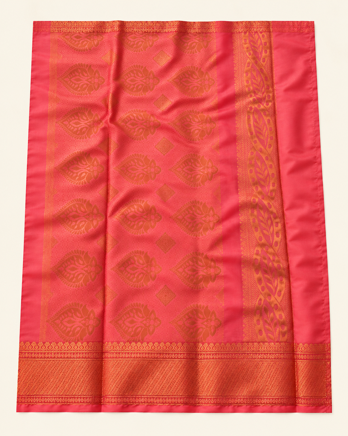 Coral rose pallu with copper floral medallions and leafy stripe