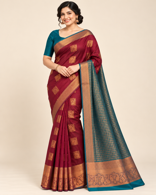 Front view of bordeaux silk saree with floral squares and turquoise pallu