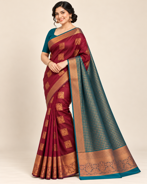 Three-quarter view of bordeaux and turquoise silk saree