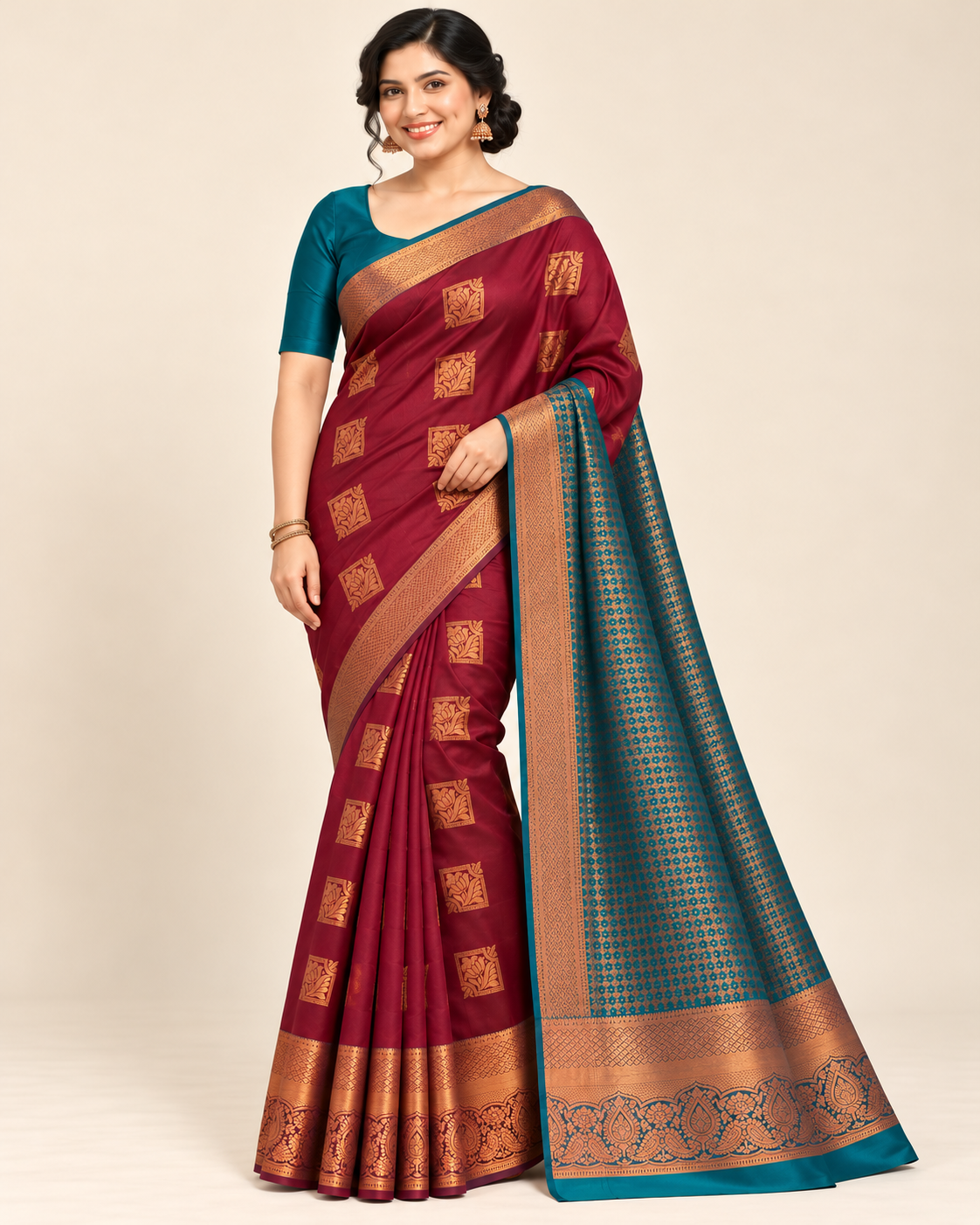 Bordeaux silk saree in a relaxed studio pose