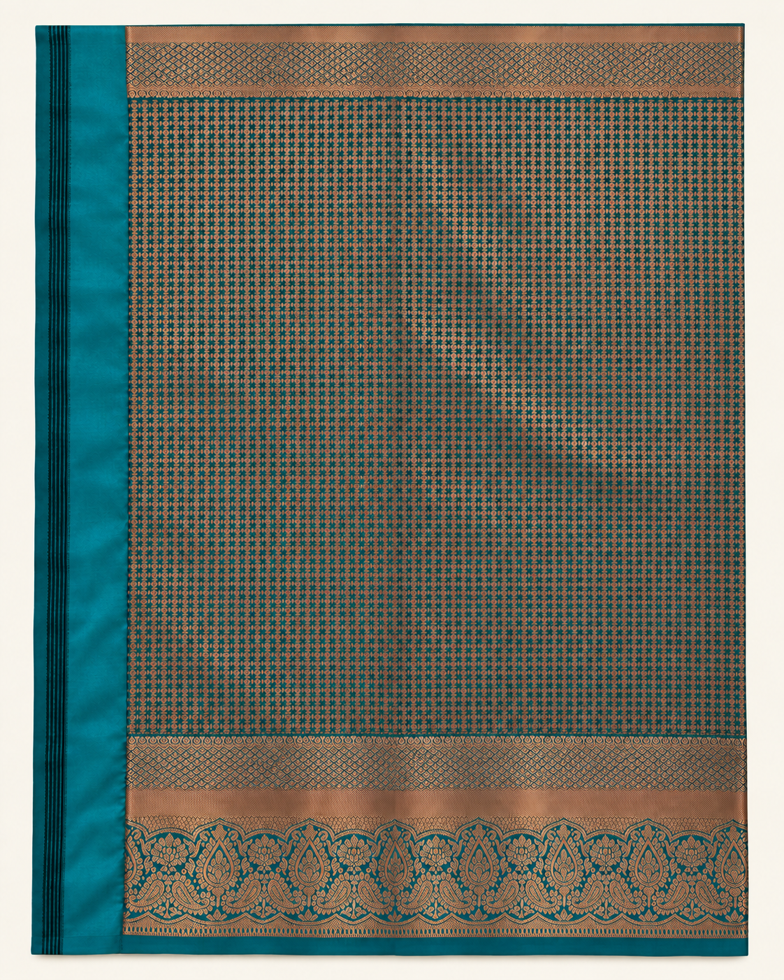 Full turquoise pallu with copper-toned woven details
