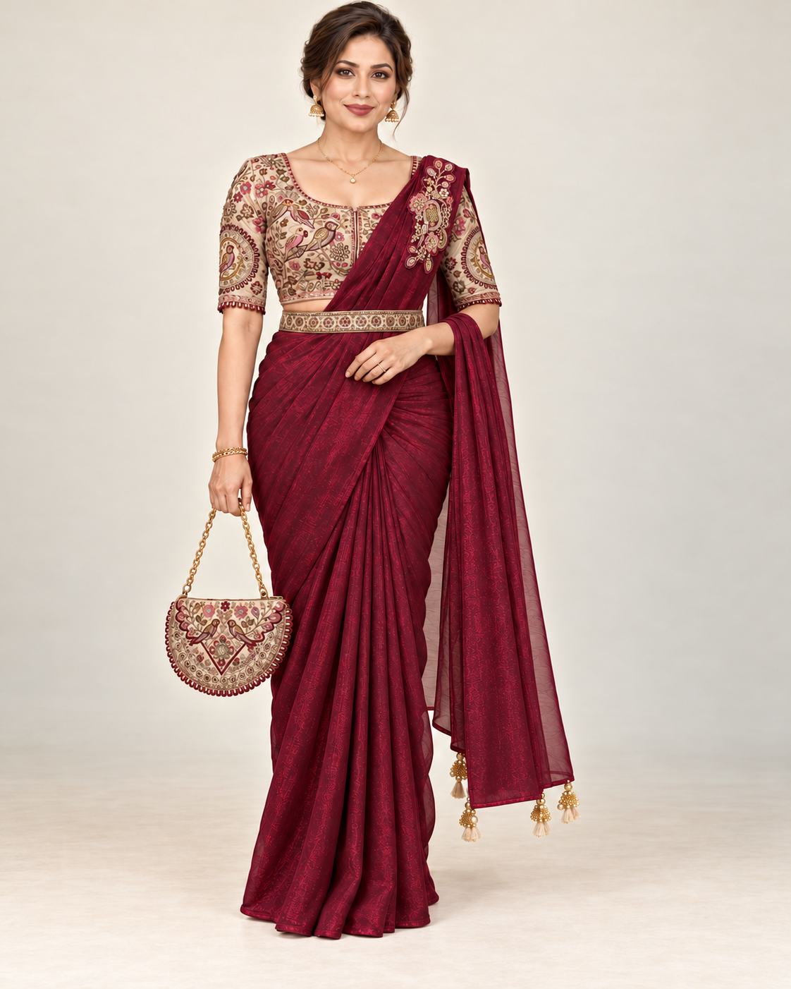 Front view of bordeaux ready-made saree set with embroidered cream blouse, shoulder brooch, matching belt and bag