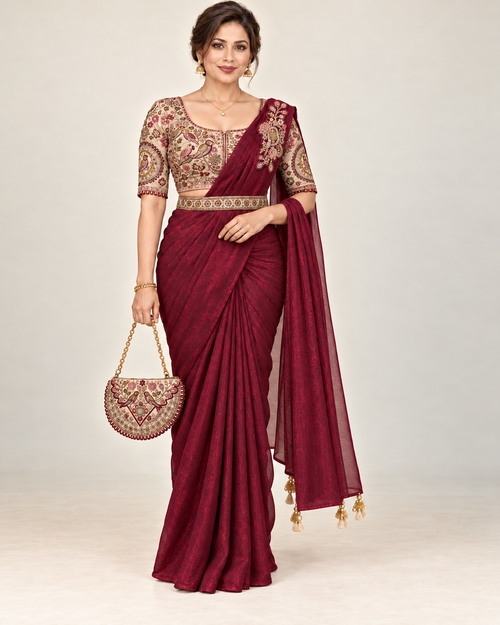 Front view of bordeaux ready-made saree set with embroidered cream blouse, shoulder brooch, matching belt and bag