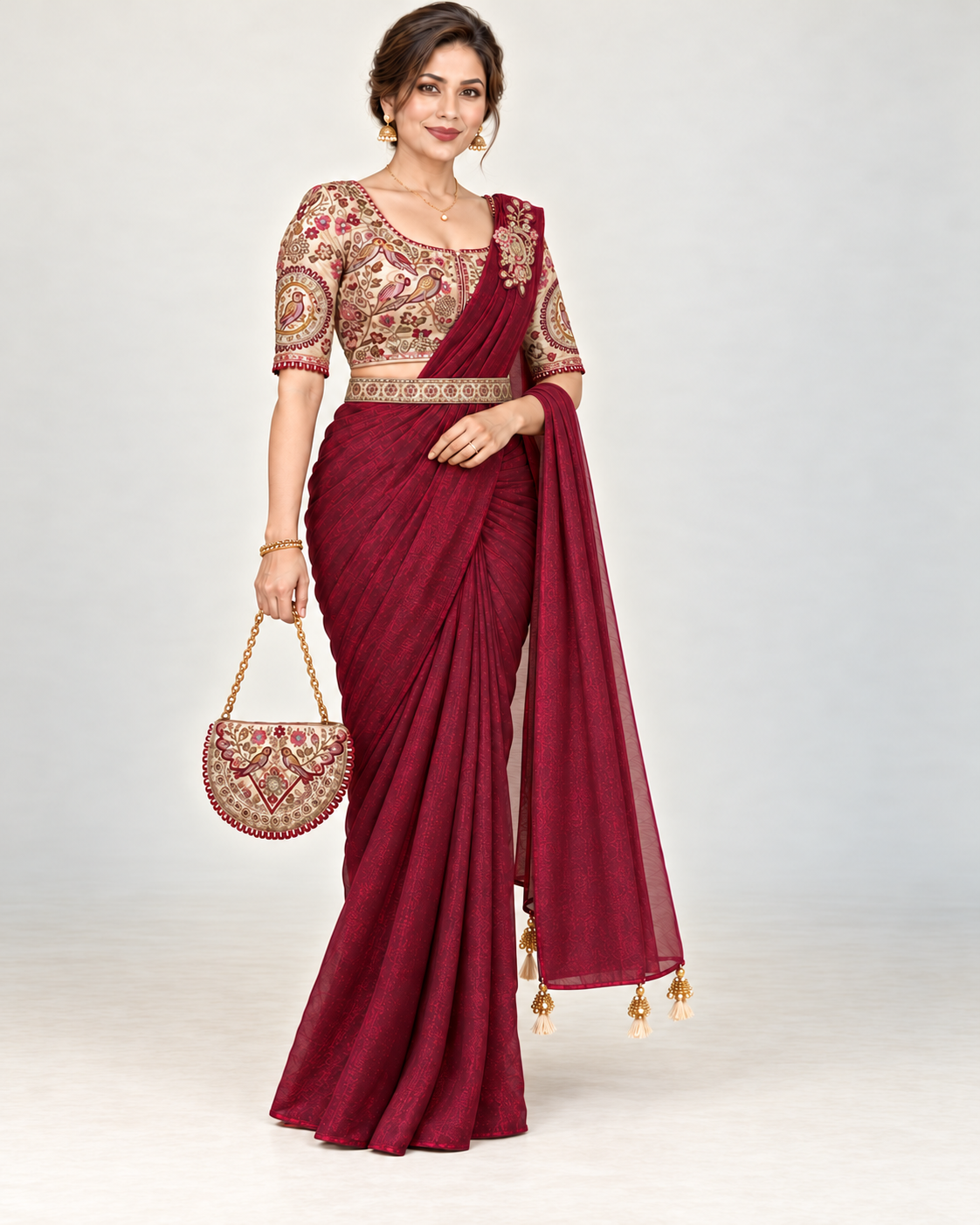 Three-quarter view of bordeaux saree with cream embroidered blouse and shoulder brooch