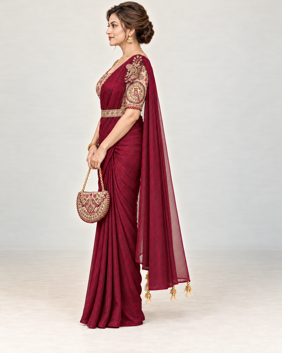 Side view of bordeaux saree set with embroidered cream blouse and tasselled pallu