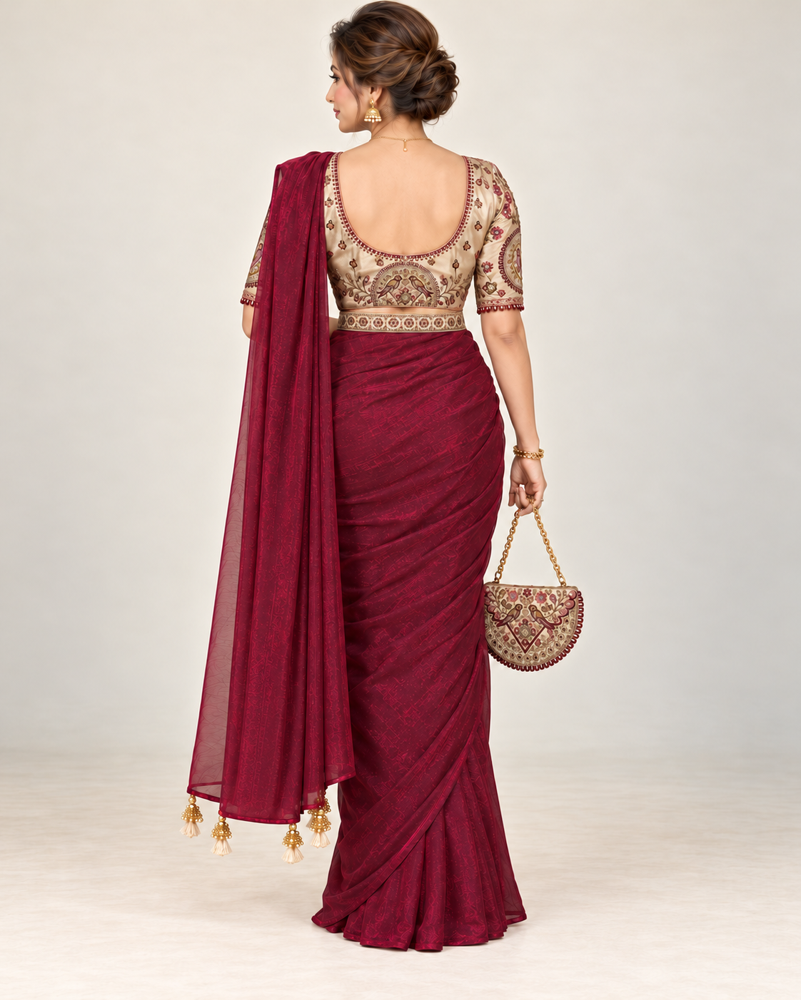 Rear view showing the cream blouse back neckline and plain bordeaux tasselled pallu