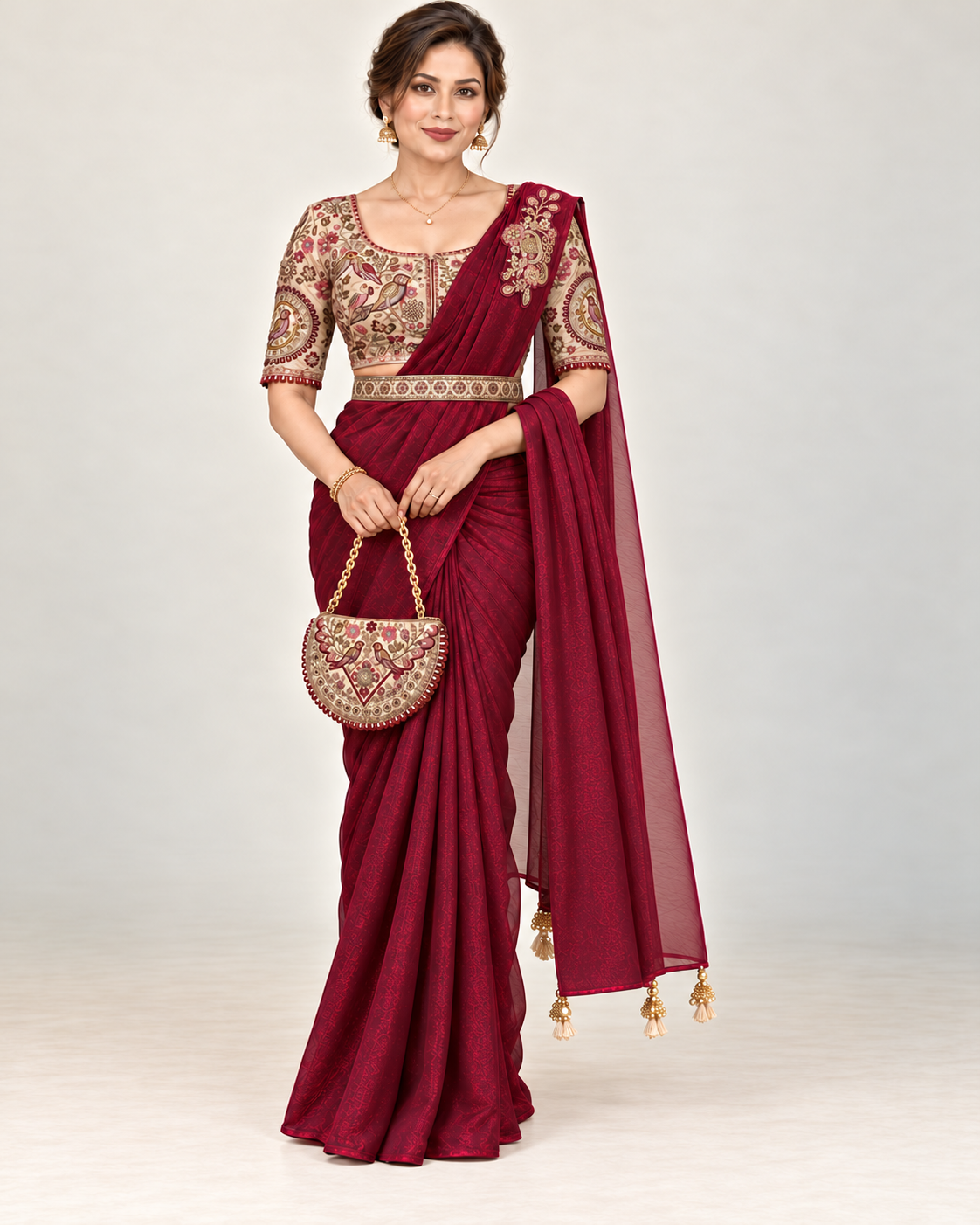 Bordeaux saree set styled with cream embroidered bag, matching belt and shoulder brooch