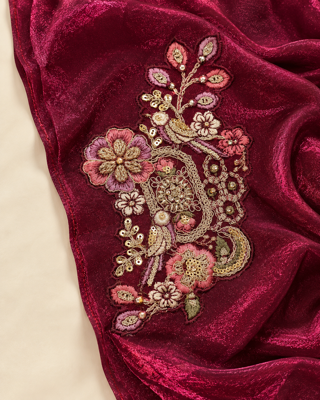 Close-up of the pink, cream and gold-tone bird and floral shoulder brooch