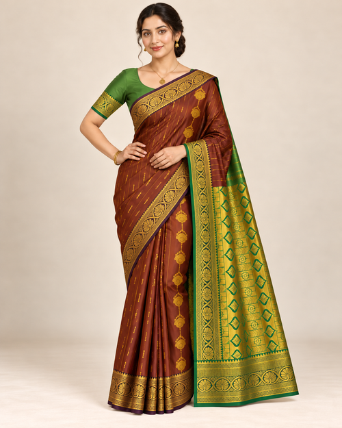 Front view of brown burgundy silk saree with green blouse and gold-tone border