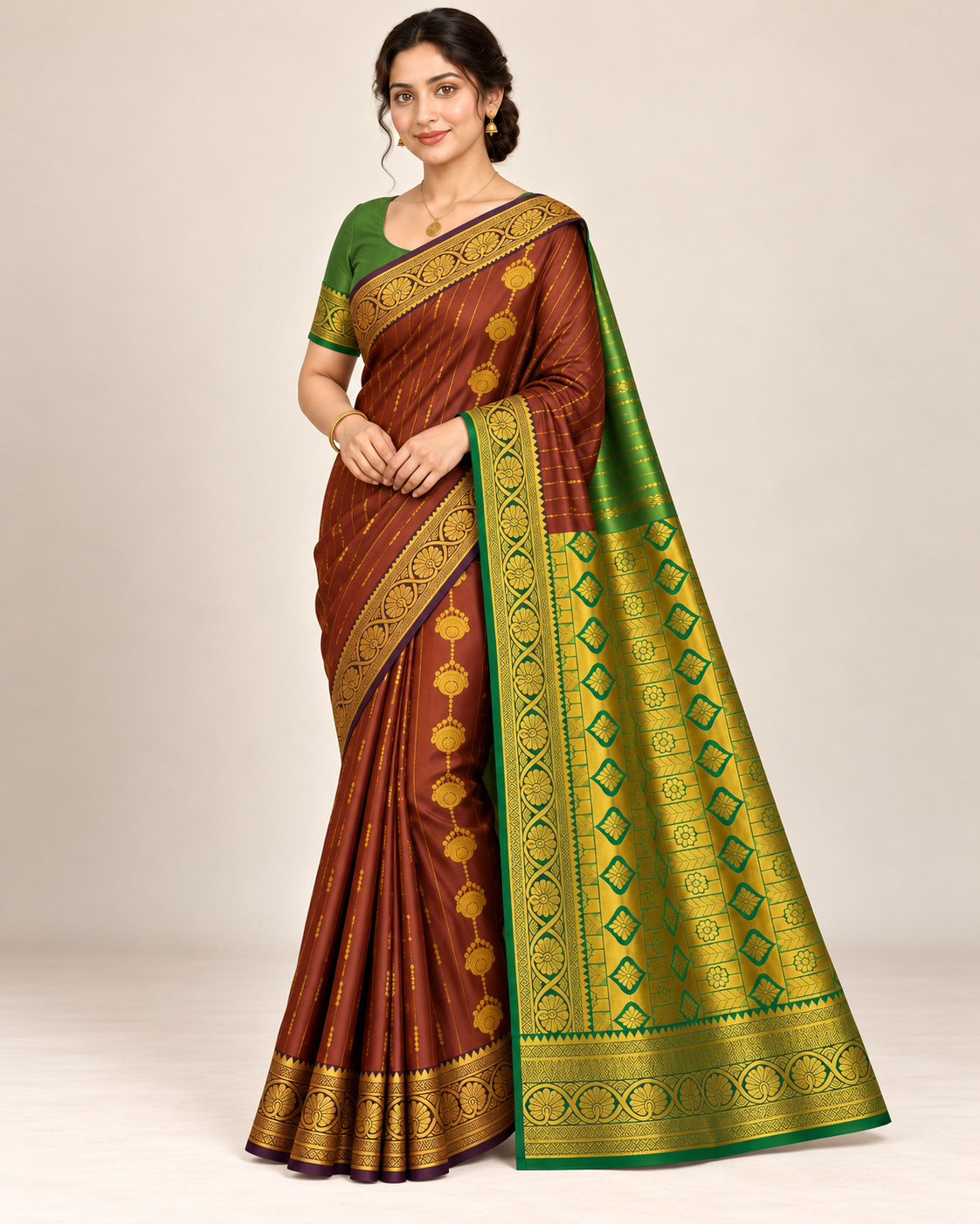 Three-quarter view of brown burgundy silk saree with green and gold-tone pallu