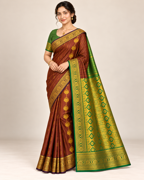 Three-quarter view of brown burgundy silk saree with green and gold-tone pallu