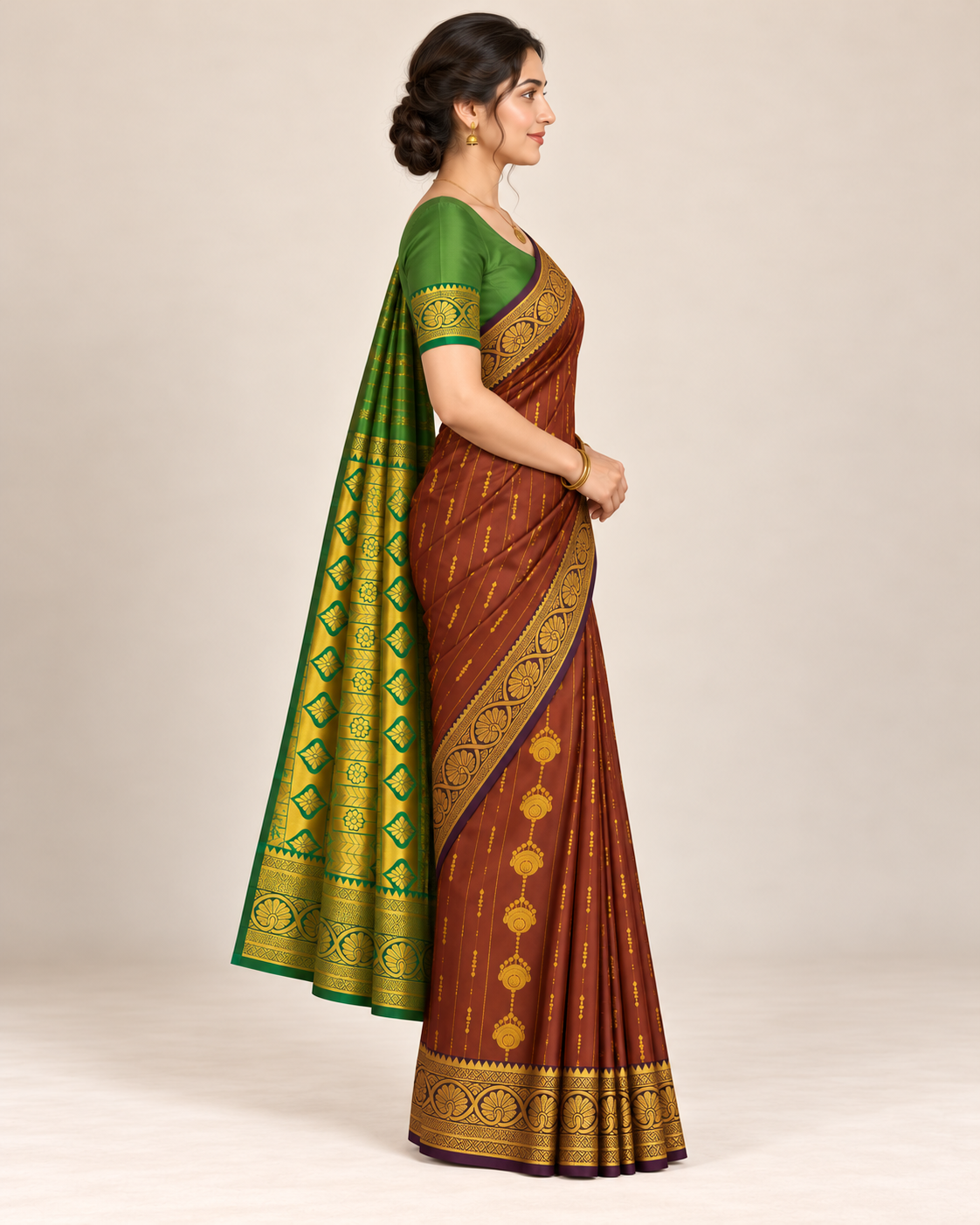 Side view of brown burgundy silk saree with green blouse