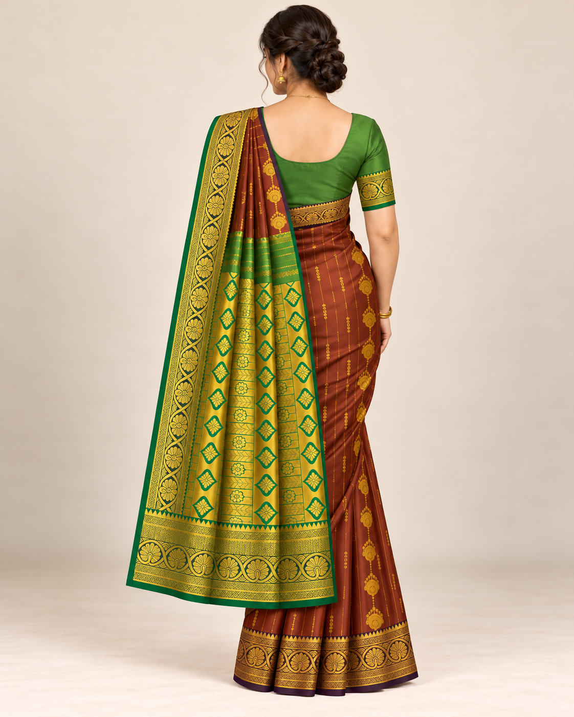 Rear view showing the green and gold-tone pallu and green styling blouse