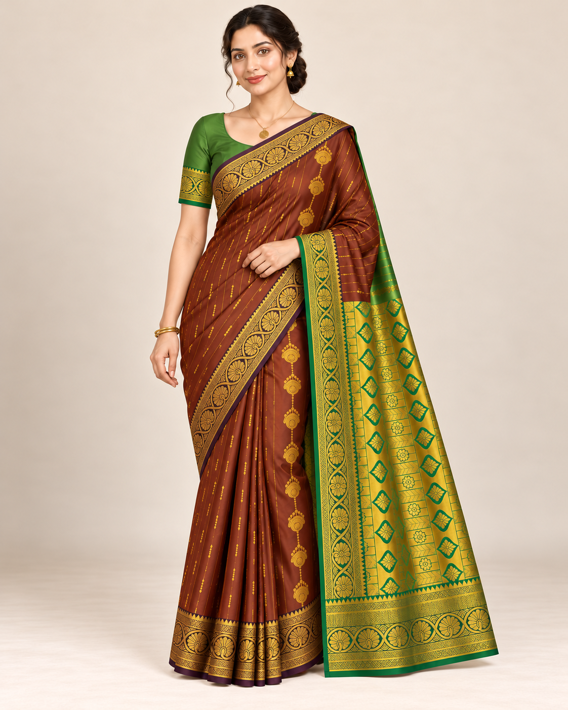 Brown burgundy silk saree styled with green blouse and gold-tone jewellery