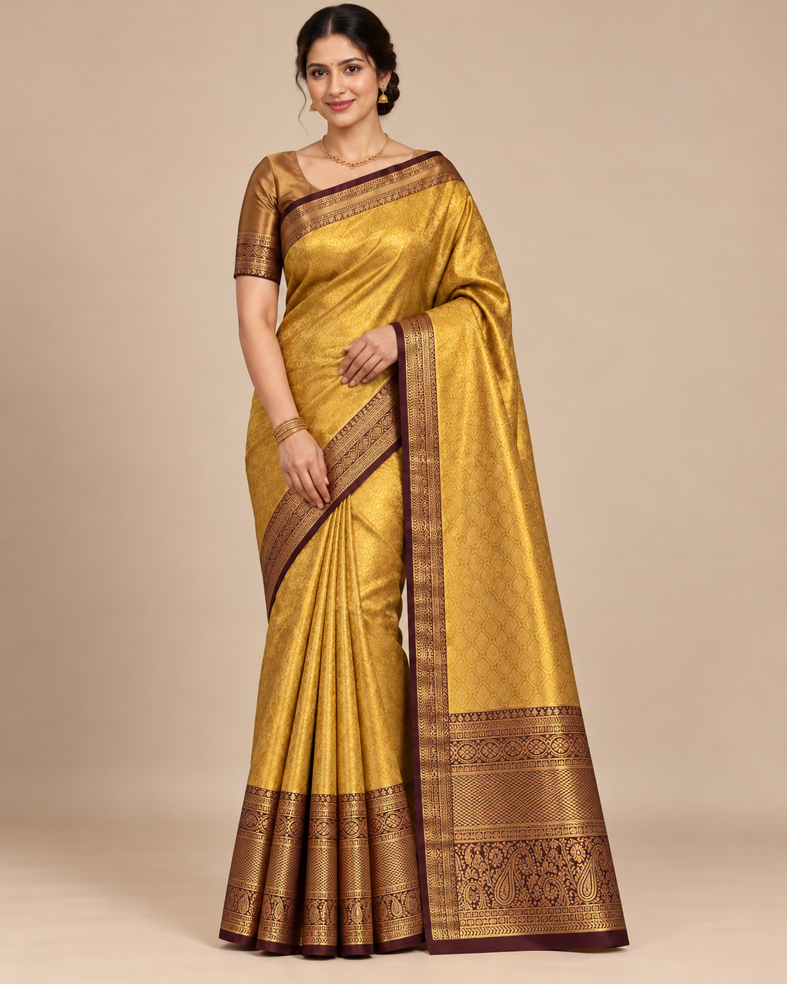 Front view of golden silk saree with burgundy and gold border