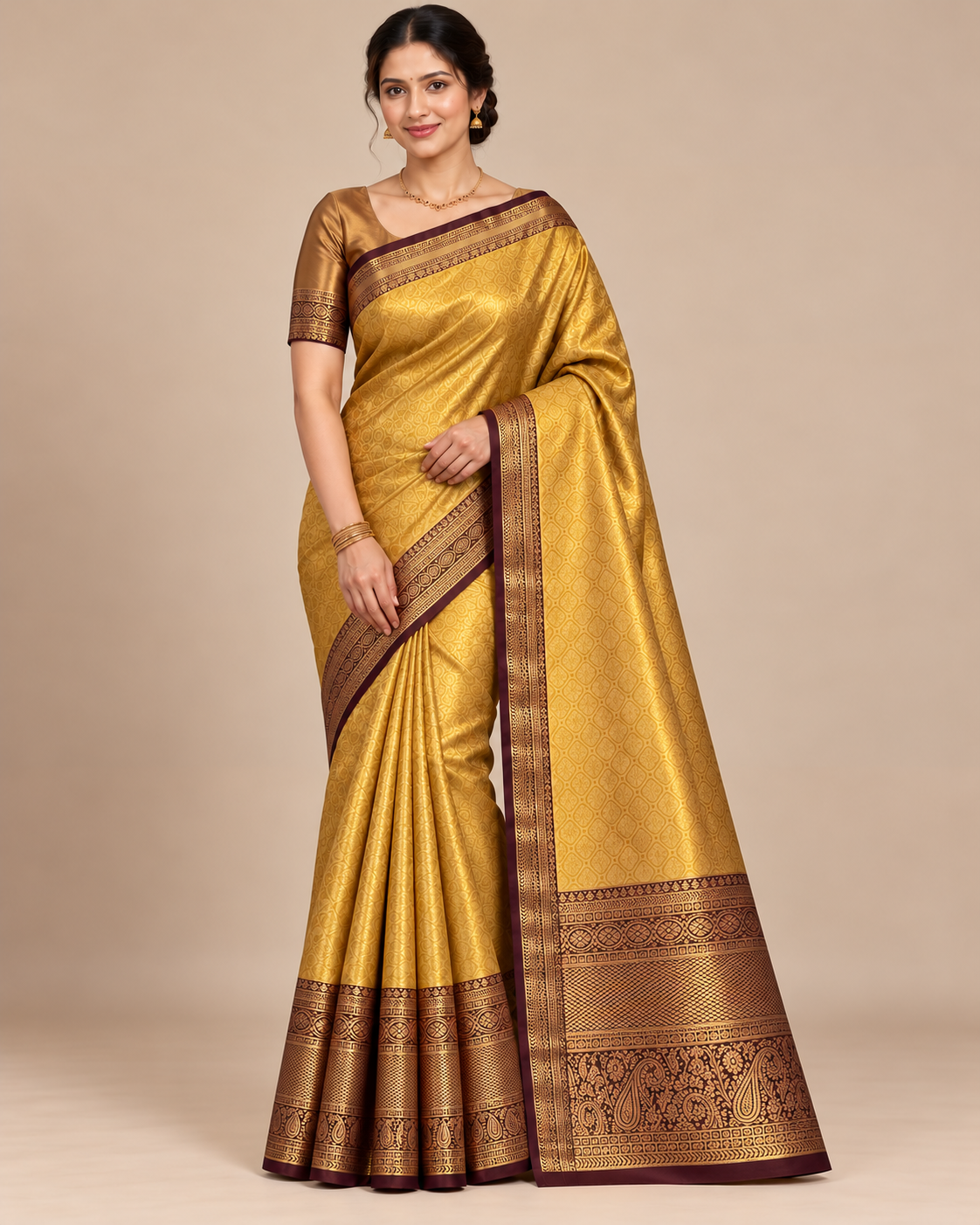 Golden silk saree in a relaxed front pose