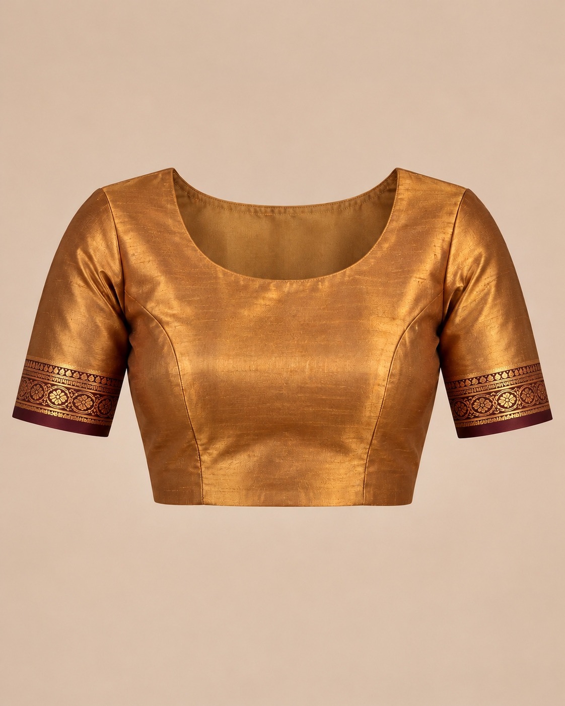 Bronze-gold stitched styling blouse with burgundy and gold cuffs
