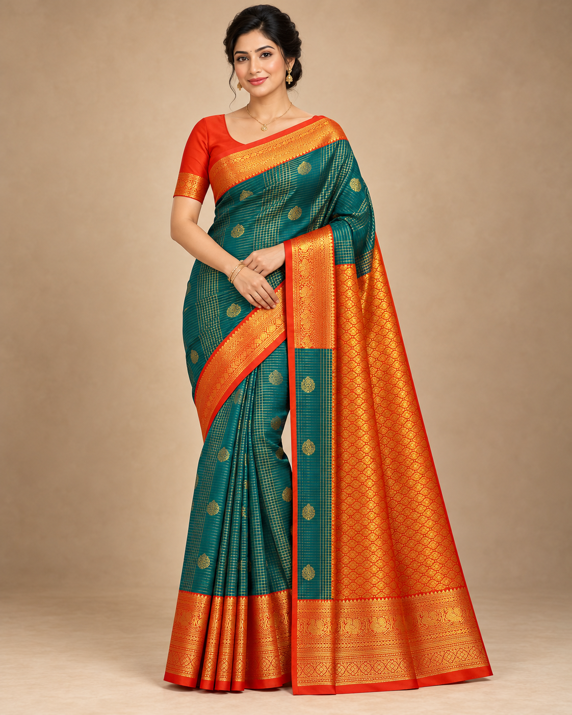 Front view of teal silk saree with orange and gold border