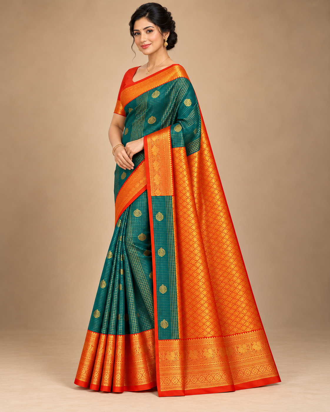 Three-quarter view of teal silk saree and orange styling blouse