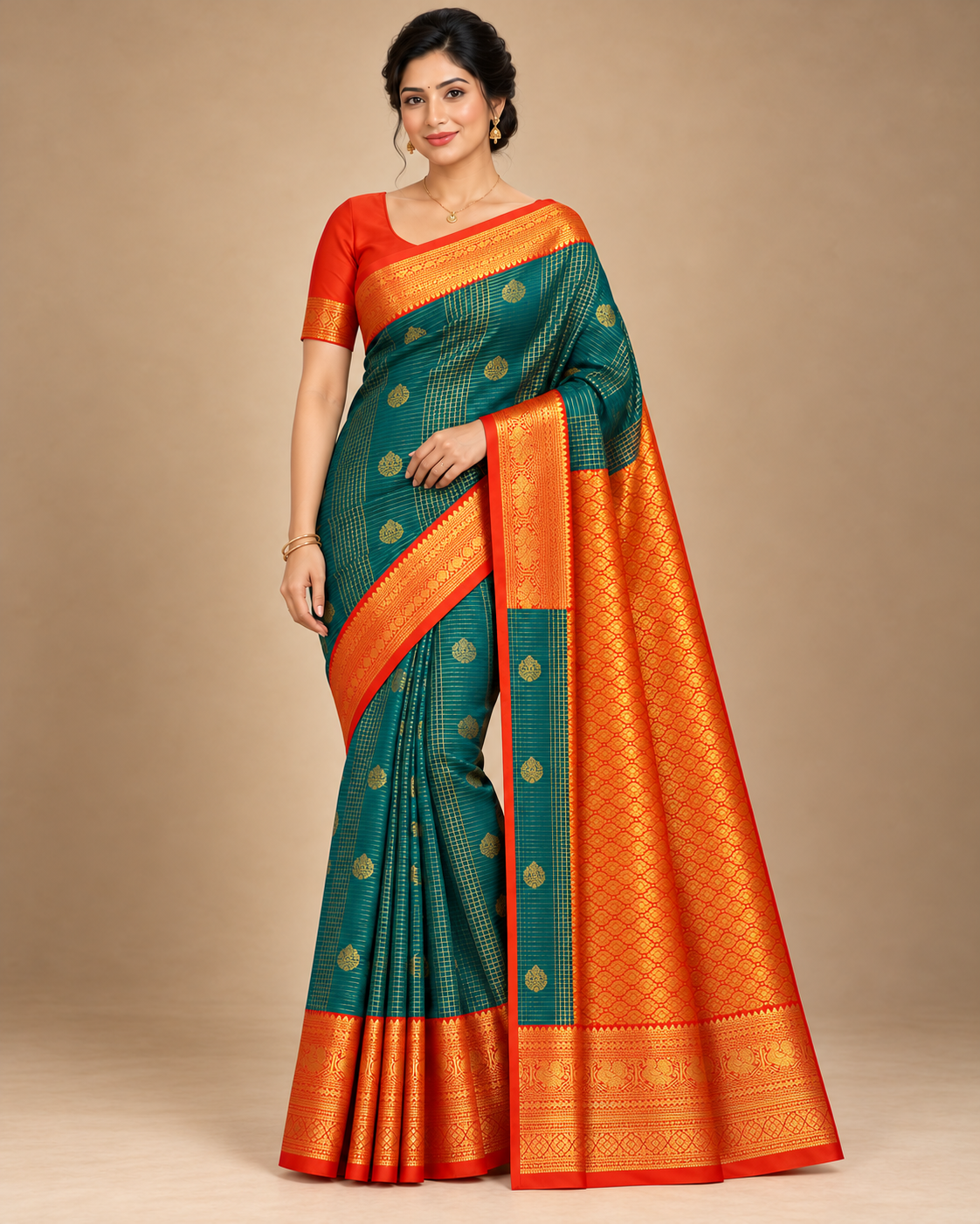 Teal silk saree in a relaxed alternate pose