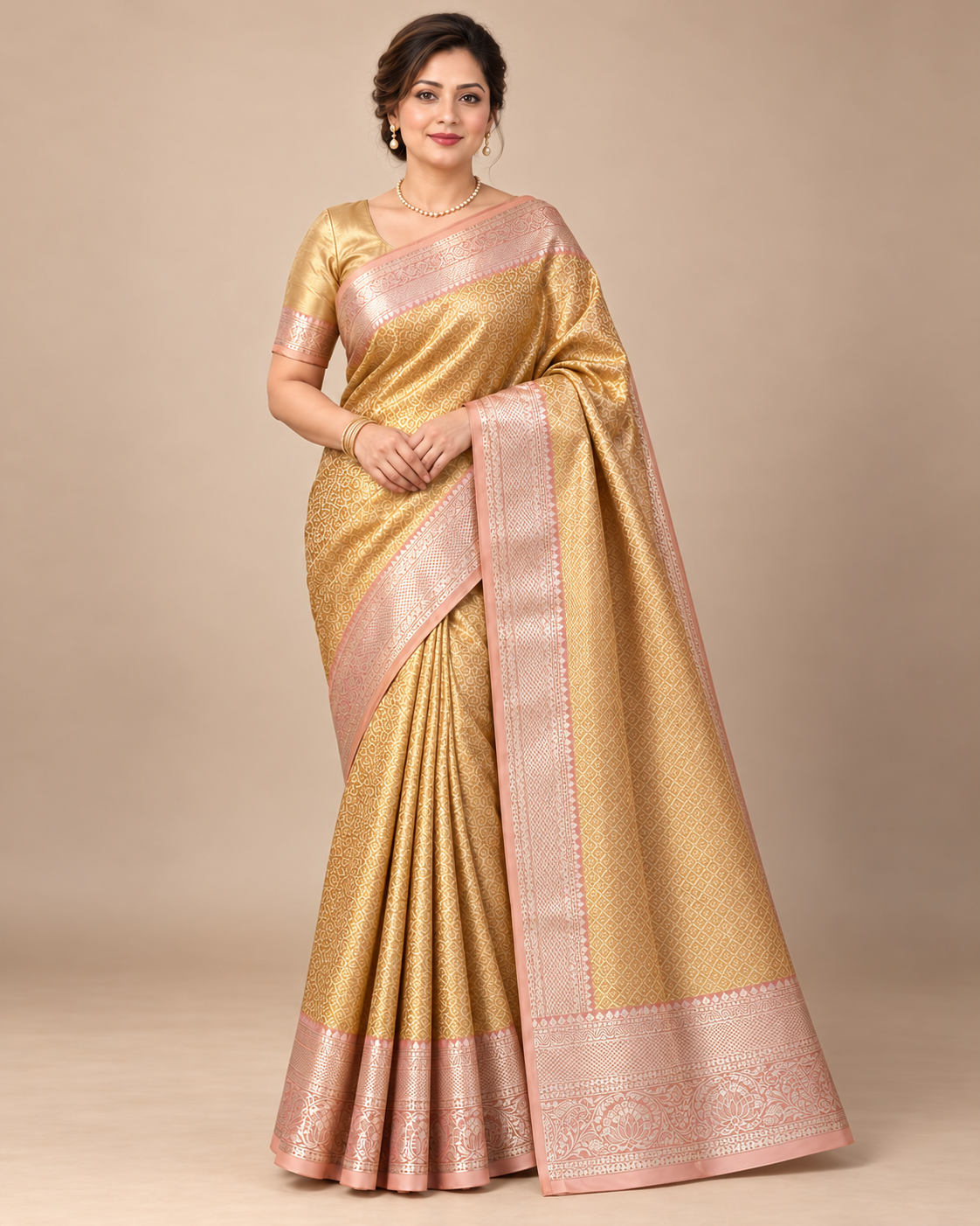 Front view of gold silk saree with blush floral border