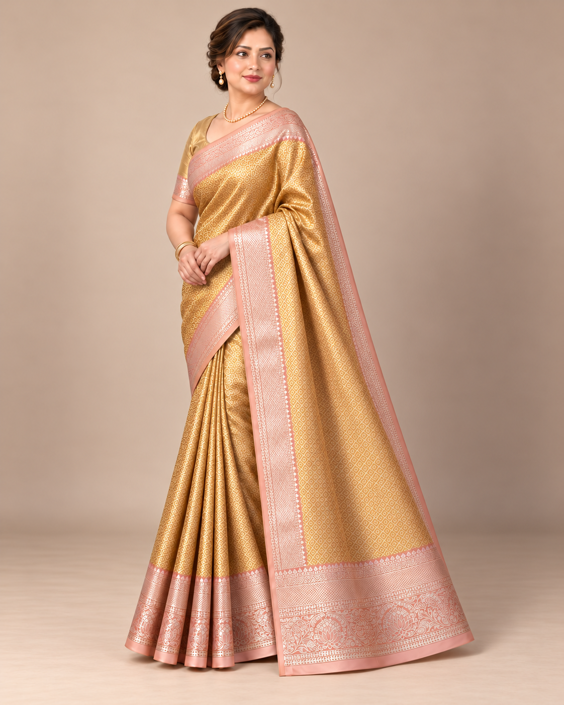 Three-quarter view of gold silk saree and gold styling blouse