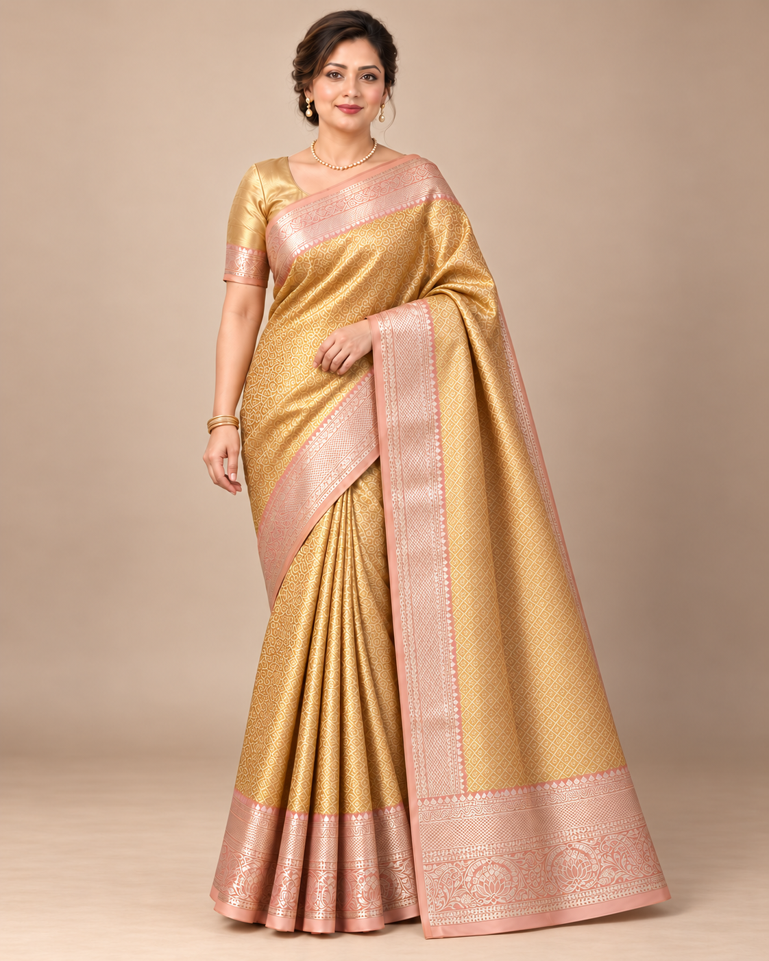 Gold silk saree in a relaxed alternate pose