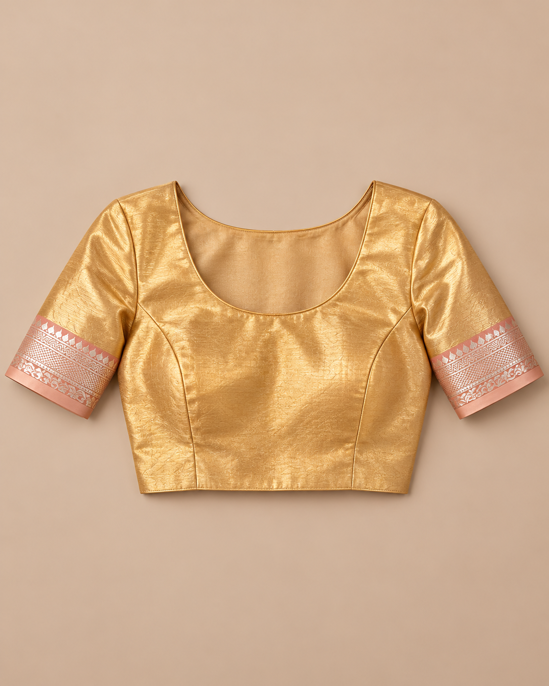 Gold stitched styling blouse with blush metallic cuffs
