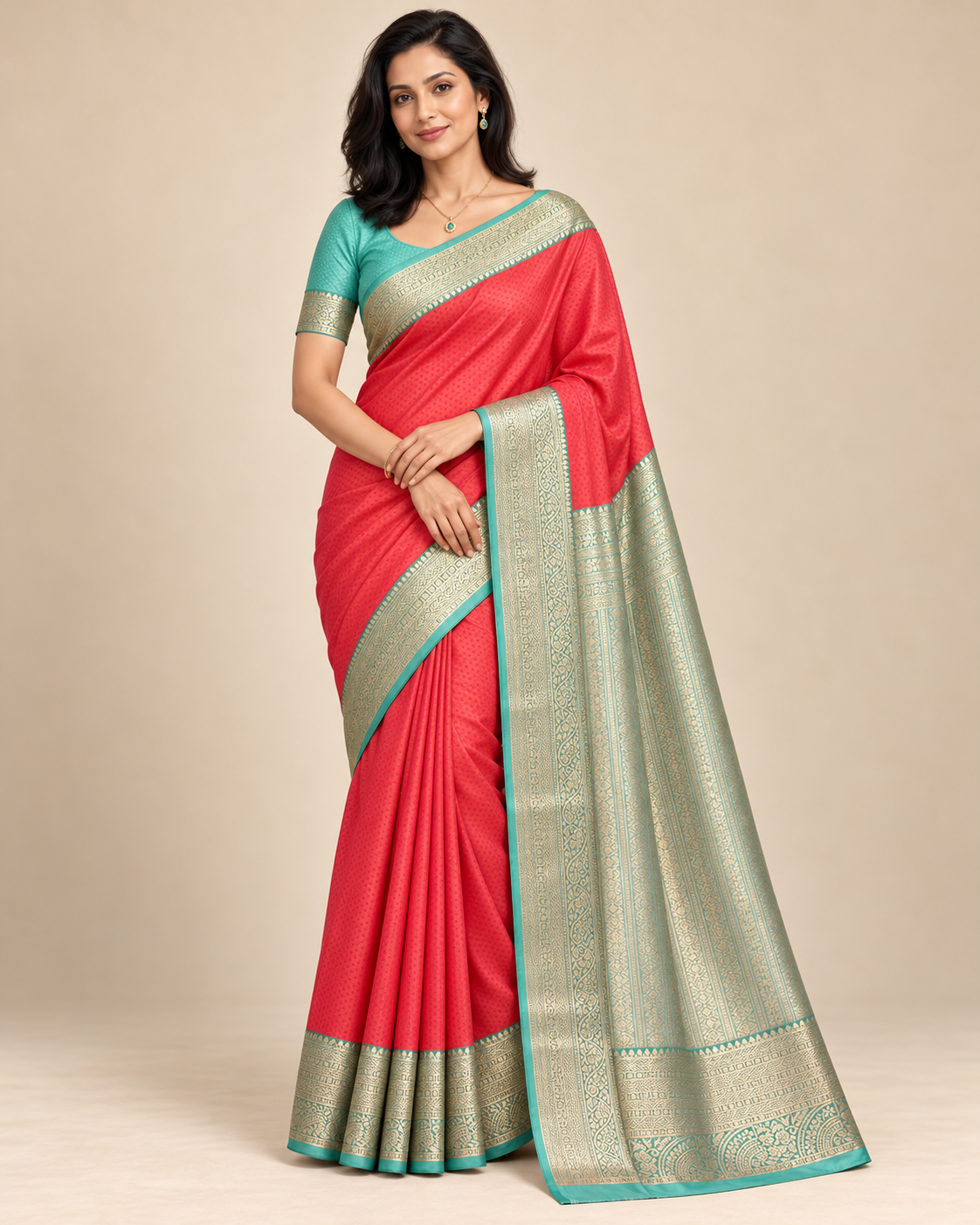 Front view of coral silk saree with turquoise and gold border